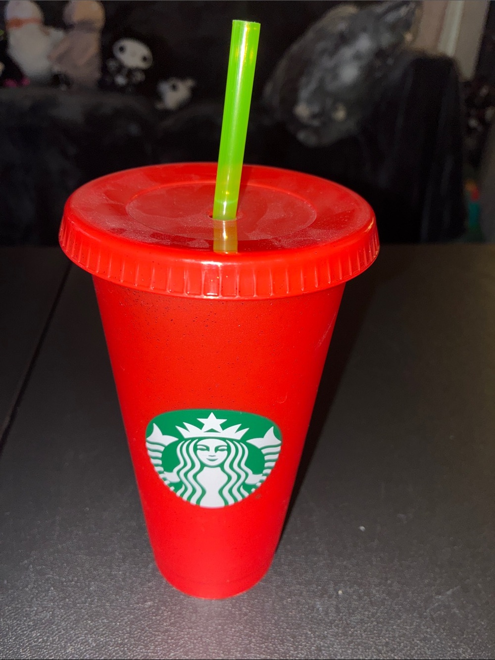 Starbucks Red Tumbler  Green Straw 24oz sparkling red